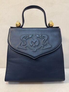 Vintage Mila Schön Italian Leather Top Handle Bag Navy Gold Hardware Embossed
